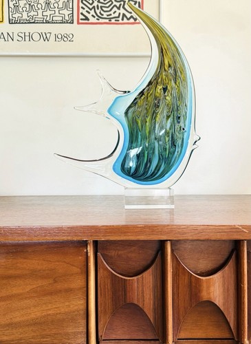 Murano Style Large Handmade Blown Glass Angelfish Multicolor Fish Sculpture - Afbeelding 2 van 18