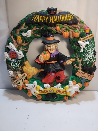 Vtg Jaimy Halloween Wreath Witch Ghosts Pumpkins Black Cats Owl Bat 12.5” Resin - Picture 3 of 19