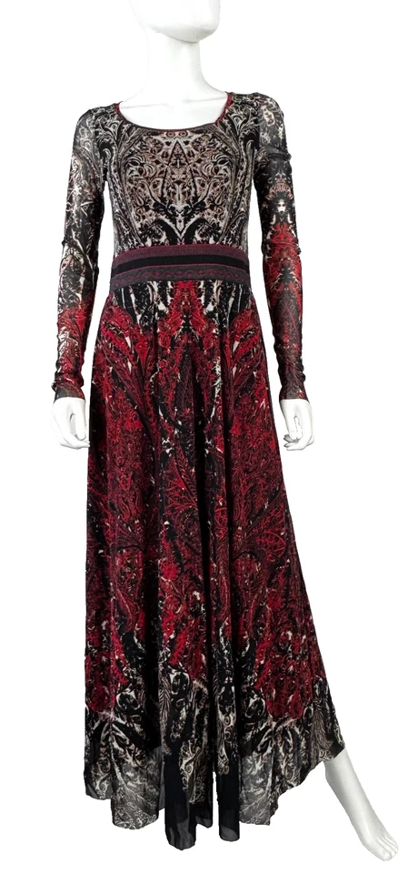 Maxi Vestido FUZZI 4 US 40 IT S Rojo Negro Blanco Estampado Elástico Largo Forrado Pasarela Foto 3 de 4