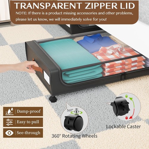 2 Pack Under Bed Storage with Wheels, 50L Large Capacity 2 PACK, BLACK - Picture 4 of 7