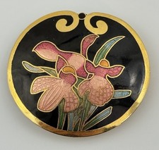 Vtg Womens Belt Buckle Floral Design Cloisonne Black Enamel with Orchids