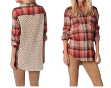 We The Free Free People Plaid Button Down Shirt S Red Cream Crochet Lace Back