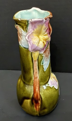 VTG Nouveau Majolica Earthenware Vase Floral Glazed Trumpet Vine Plant CHIPS - Bild 7 von 14