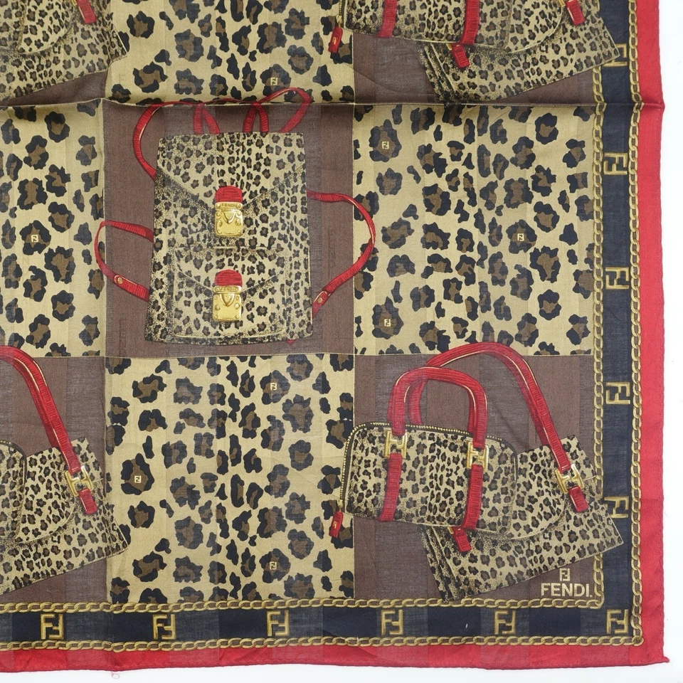HK04- Fendi Roma Marrón Leopardo Bolso Pañuelo Logo Algodón Bufanda 22.5"x22.5" Foto 4 de 4