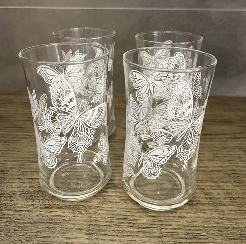 Vintage Libbey Wasser/Saft Gläser weiß Schmetterling. 4er Set. 12oz gebraucht - Bild 3 von 5