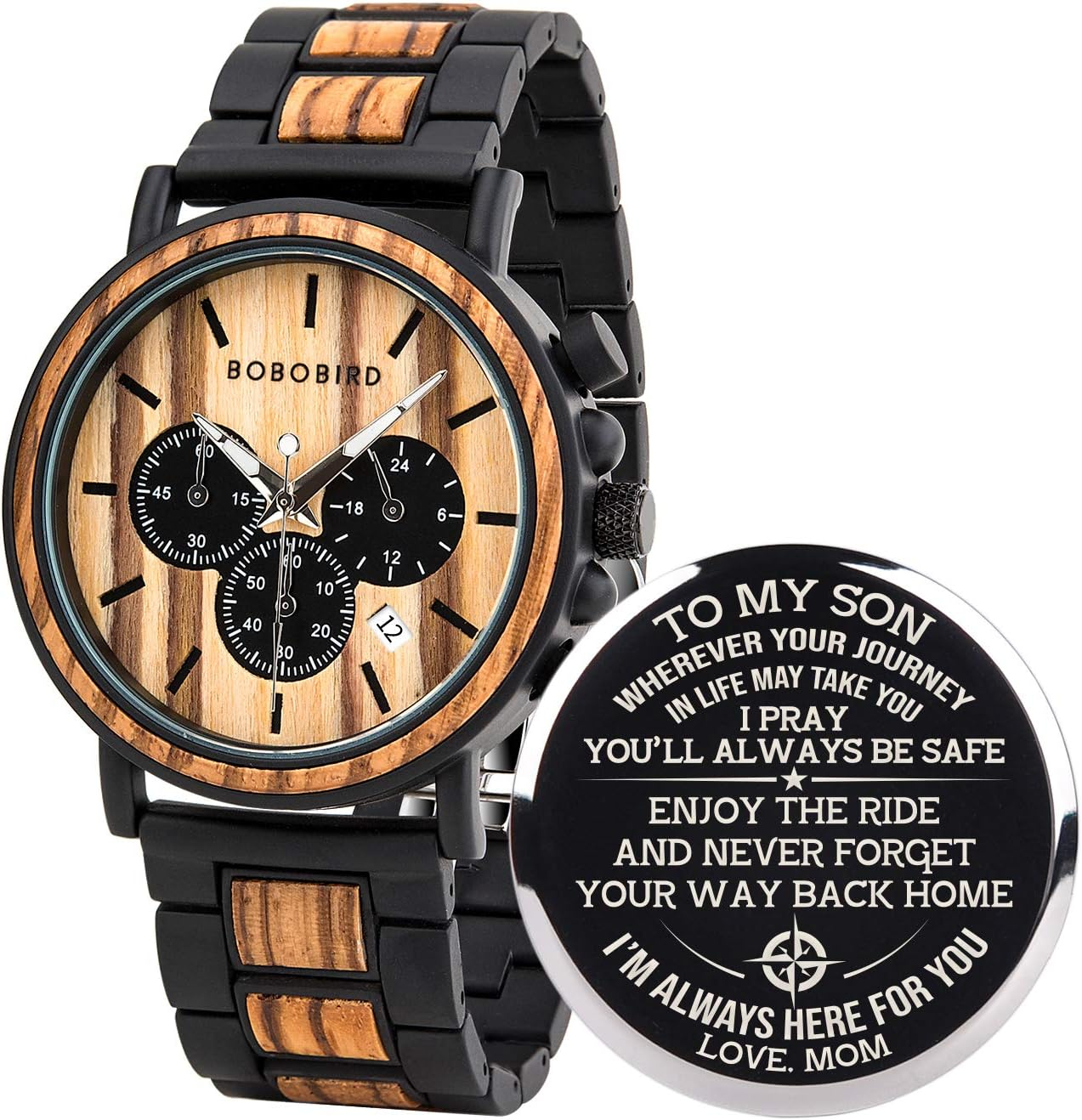 Mens Personalized Engraved Wooden Watches, Stylish Wood & Stainless Steel Combin