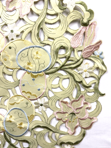 Table Centerpieces Embroidered Cutwork Set (2) Bella Lux 22" Diam. Easter Eggs - Picture 7 of 8