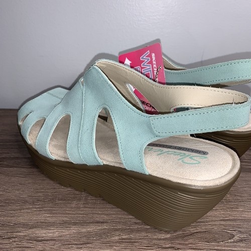 Skechers Suede Peep Toe Slingback Wedges Stylin Mint 9.5 Wide Fit - Picture 8 of 9