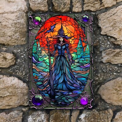Halloween Witch Metal Wall Sign   8x12 Gothic Decor with Bats and Night Sky