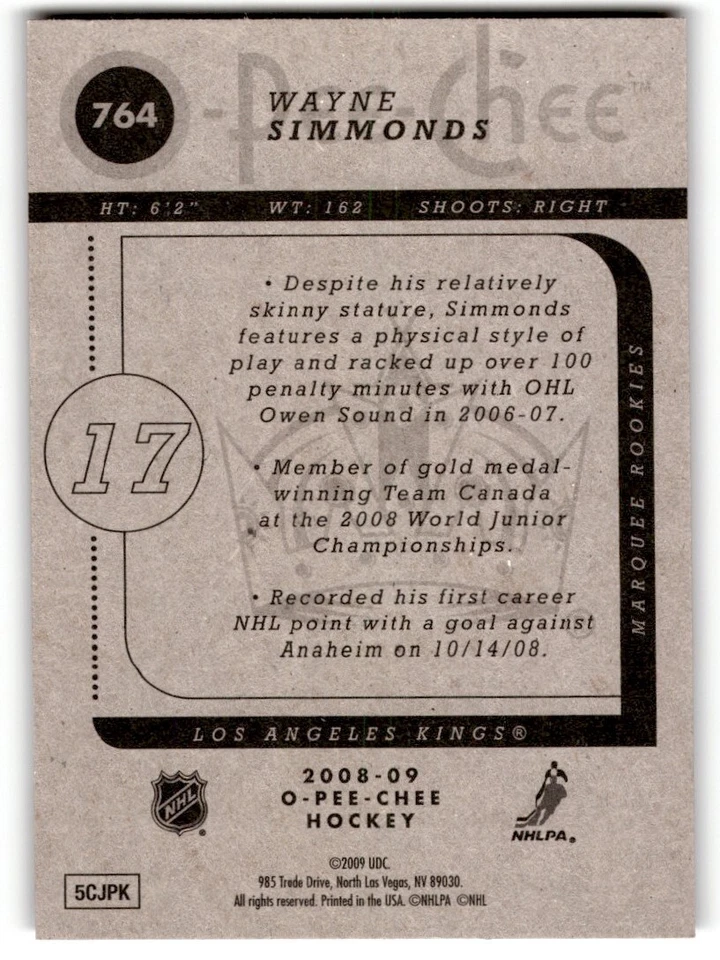 Wayne Simmonds 2008-09 O-Pee-Chee Rookie #764 Los Angeles Kings - Image 2 of 2