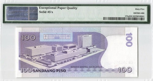 PHILIPPINES SOLID SERIAL # 555555 - 100 Piso 1949 PMG: 65 EPQ GEM UNC. #PL1379 - Picture 2 of 2