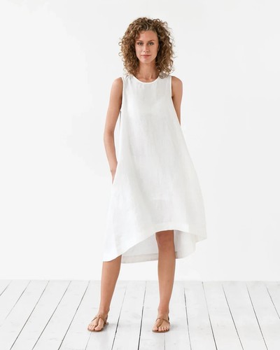 Royal TOSCANA linen dress in White Linen Midi Dress Sleeveless Flowy Summer - Picture 5 of 14