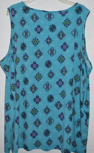 Belle Kim Gravel 3X Tank Sleeveless Stretch Top Turquoise Print V-Neck Blouse - Picture 2 of 17