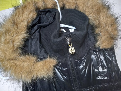 Women's Adidas Originals Black Vest Fur Trim Hood Medium Trefoil Logo Silver  - Picture 6 of 23