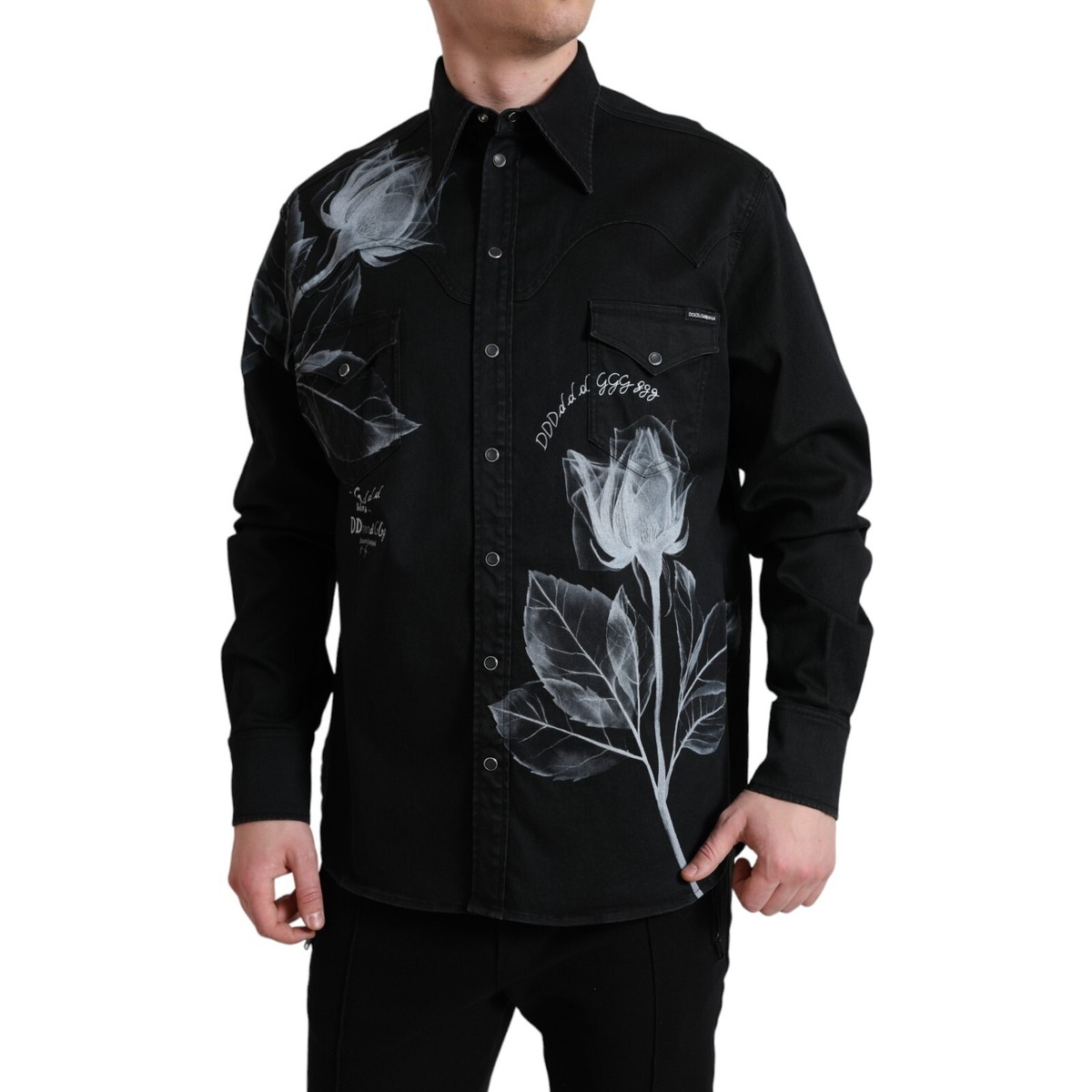 DOLCE & GABBANA ブラック ドレスシャツ 15/38 DOLCE & GABBANA Shirt GOLD Floral Embroidery Men Long