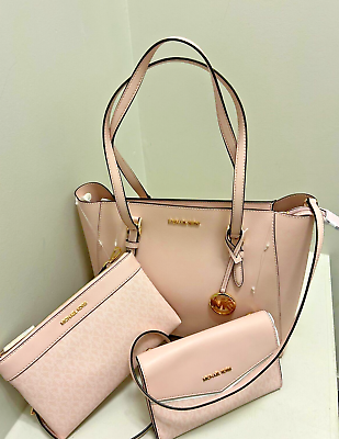 #ad Michael Kors MK Charlotte Large 3 in 1 Pink Tote Crossbody Handbag Leather Purse