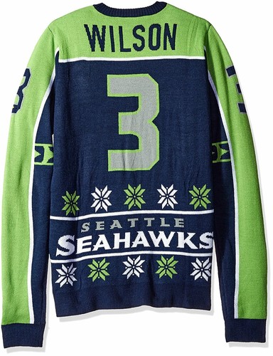 KLEW NFL Men's Seattle Seahawks Russell Wilson #3 2015 Ugly Sweater,Green - Picture 2 of 7