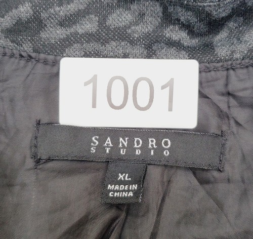 Sandro Studio Fit N Flare Gray Black Leopard Ruffle Trim Belted Knit Jacket XL - Picture 10 of 10