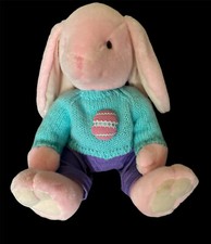Vintage cute Eastern pink bunny toy w/knitted sweater  corduroy pants EUC 17  