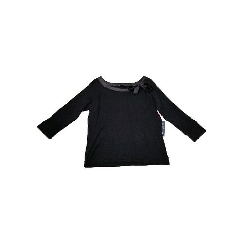 Pierre Cardin Shirt Round Satin Neck W Side Bow 3/4 Sleeved Sweater Top L Black