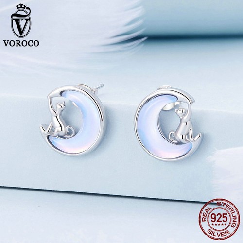 VOROCO Unique 925 Sterling Silver Moon Cat Stud Earrings Jewelry For Women Gifts - Picture 6 of 12