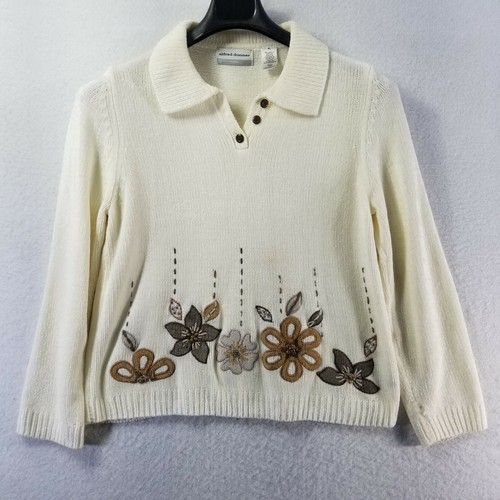 Alfred Dunner Petite Sweater Womens Quarter Button Collared Ivory PL * - Picture 1 of 12