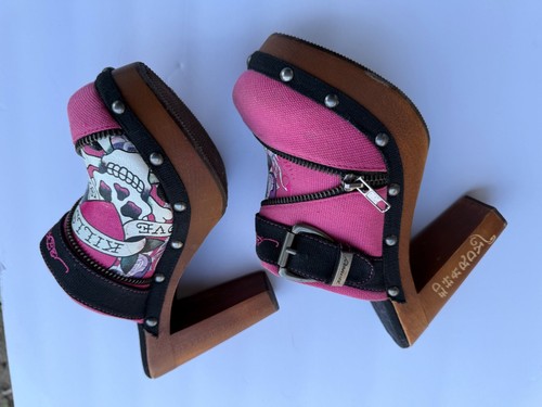 Ed Hardy Darnell Women's Skull Pink Love Kills Slow Wood Clogs Buckle Sz 7 RARE - Picture 5 of 6