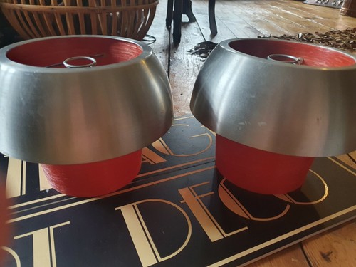 pair of Antique vintage old Retro RED Fibreglass chrome light lamp shades - Picture 2 of 9