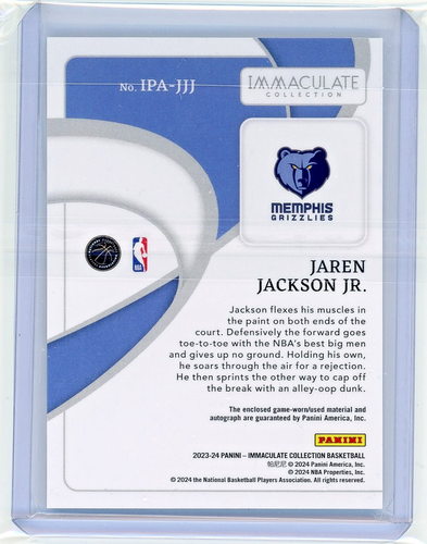2023-24 Panini Immaculate Patch Autographs Jaren Jackson Jr. /49 - Picture 2 of 2