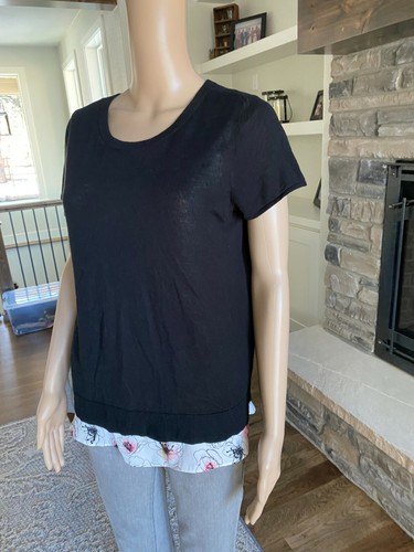 Ann Taylor Black Short Sleeve Floral Layer Sweater Blouse Top Medium- 001 - Picture 3 of 6