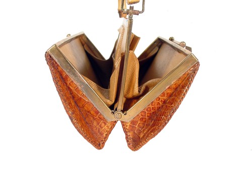 VINTAGE ALLIGATOR 40's 50's Bamboo Handle Kisslock Hardframe Mini Bag - Picture 5 of 11