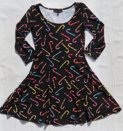 DEREK HEART US M Black Candy Canes Stretch Fit & Flare Dress XMAS Christmas EUC - Picture 3 of 6