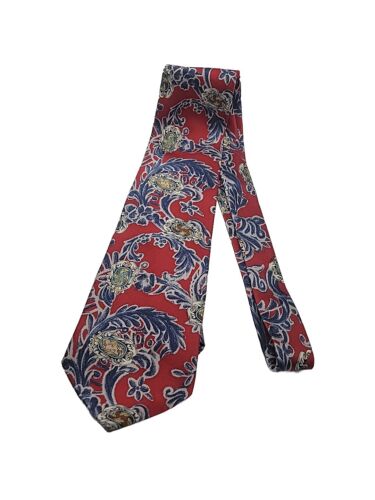 Oscar De La Renta Mens Tie Red Blue Floral Medallion 100% Silk Necktie 57" x 4" - Picture 5 of 11