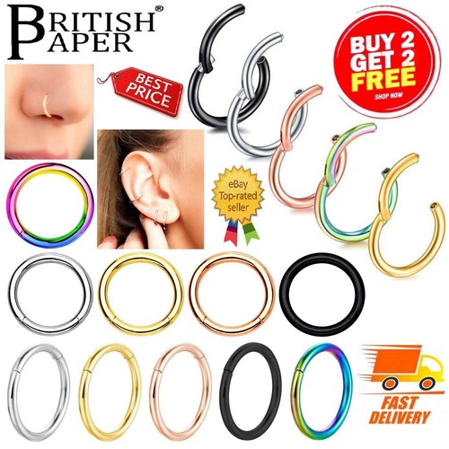 SURGICAL STEEL NOSE RING CLICKER SEPTUM HINGE SEGMENT FACE HOOP EAR LIP PIERCING - Picture 11 of 39
