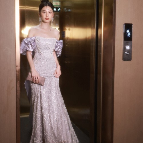 Lila Fischschwanz Abendkleid Damen French Host One Shoulder Brautkleider - Bild 5 von 23