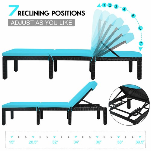 2PCS Adjustable Rattan Patio Chaise Lounge Chair Couch w/ Turquoise Cushion - Picture 8 of 10