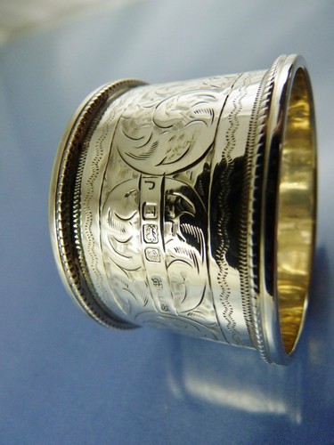 BRIGHT CUT FLOWER BEAD RIM STERLING NAPKIN RING BY SL&S LTD BIRMINGHAM 1909 "HSA - Picture 4 of 5