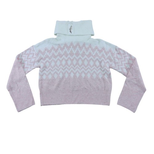 Jessica Simpson Rollkragen Cropped Fair Isle Strick Pullover Rosa Weiß Gr. M