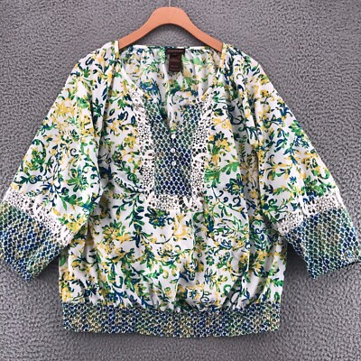 Multiples Blouse Women 1X Plus Multi Floral Crochet Lace 3/4 Sleeve Smocked Boho