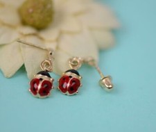 14K Solid Yellow Gold Enamel Ladybug Dangle Earring