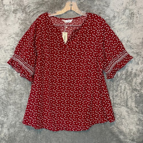 Damen Girly Retro Liebe Mikro Herzen Puffärmel V-Ausschnitt Kurzarm Top 1X Plus