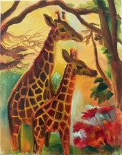 Giraffe Family, Original Painting oil, 11x14inches, Wall Art Decor ,Colorful Art