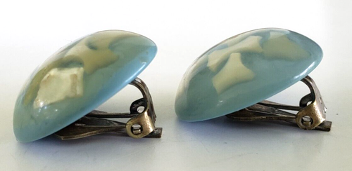 Vtg Blue Lucite White Moonglow Confetti Resin Dome Button Clip Earrings 1" - Picture 4 of 4