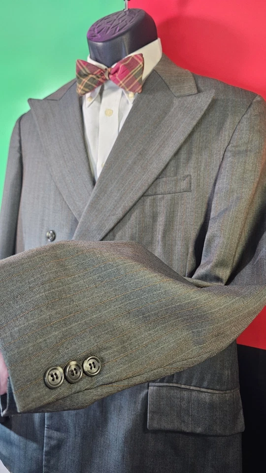 Vtg Warren Sewell Mens Green Pinstripe Dbl-breast Suit Sz 40R, Pants 34x30+ Tie - Image 3 of 4