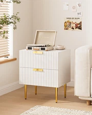 Nightstand, Bedside Table with Gold Frame,White Night Stand, End Table with 2Dra
