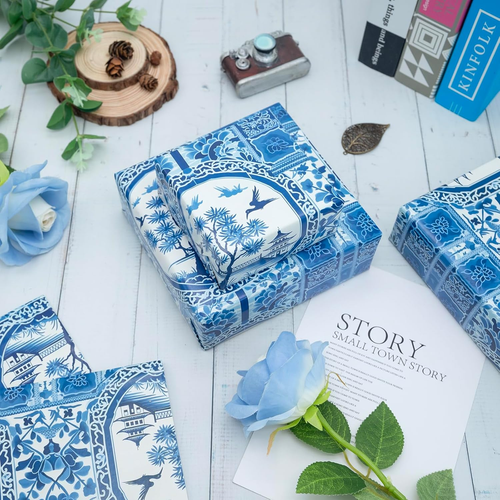Chinoiserie Wrapping Paper 6 Pc Vintage Elements Blue White  Tree Print Gift Wra - Bild 7 von 7