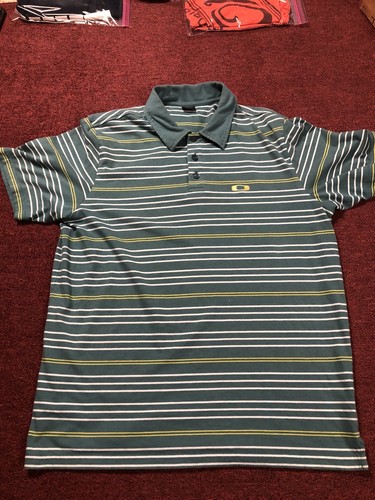 OAKLEY  Polo Shirt  Turkish Green And White Strips Size L Back Collar Embroidery - Picture 1 of 9