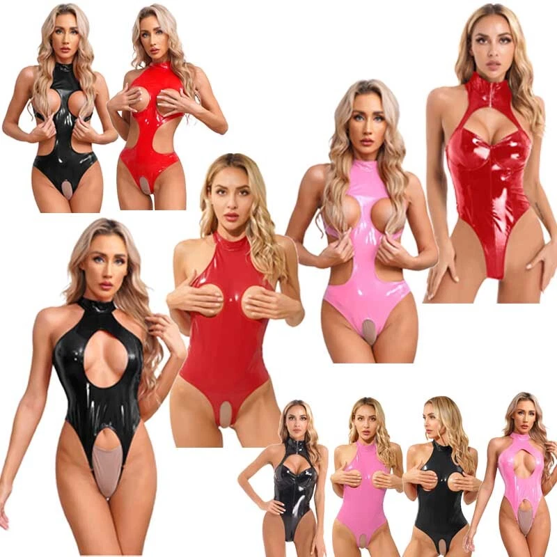 Women Wetlook PVC Leather Bodysuit Sexy Open Bust Crotchless Leotard Lingerie AU - image 2 of 2