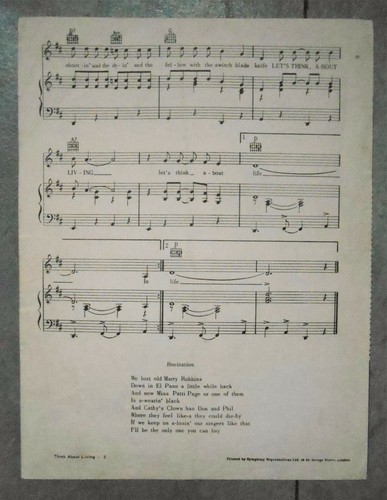 1960 R&R/Rockabilly/Country sheet music BOB LUMAN - Let's Think About Living - Picture 3 of 3