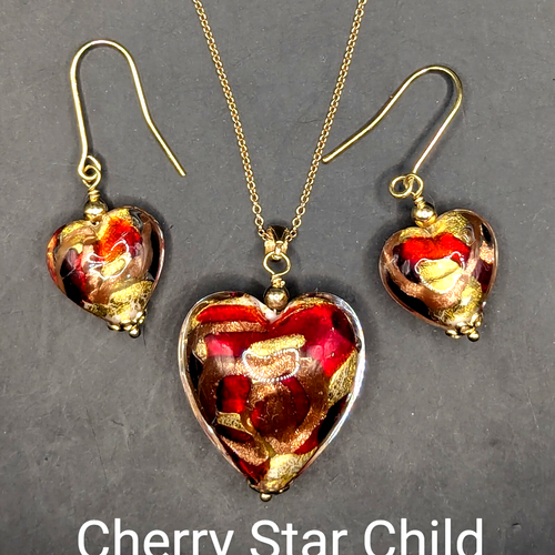 9K 373 Yellow Gold Red Gold Foil Murano Glass Pendant Necklace Earrings Set Box - Bild 3 von 18